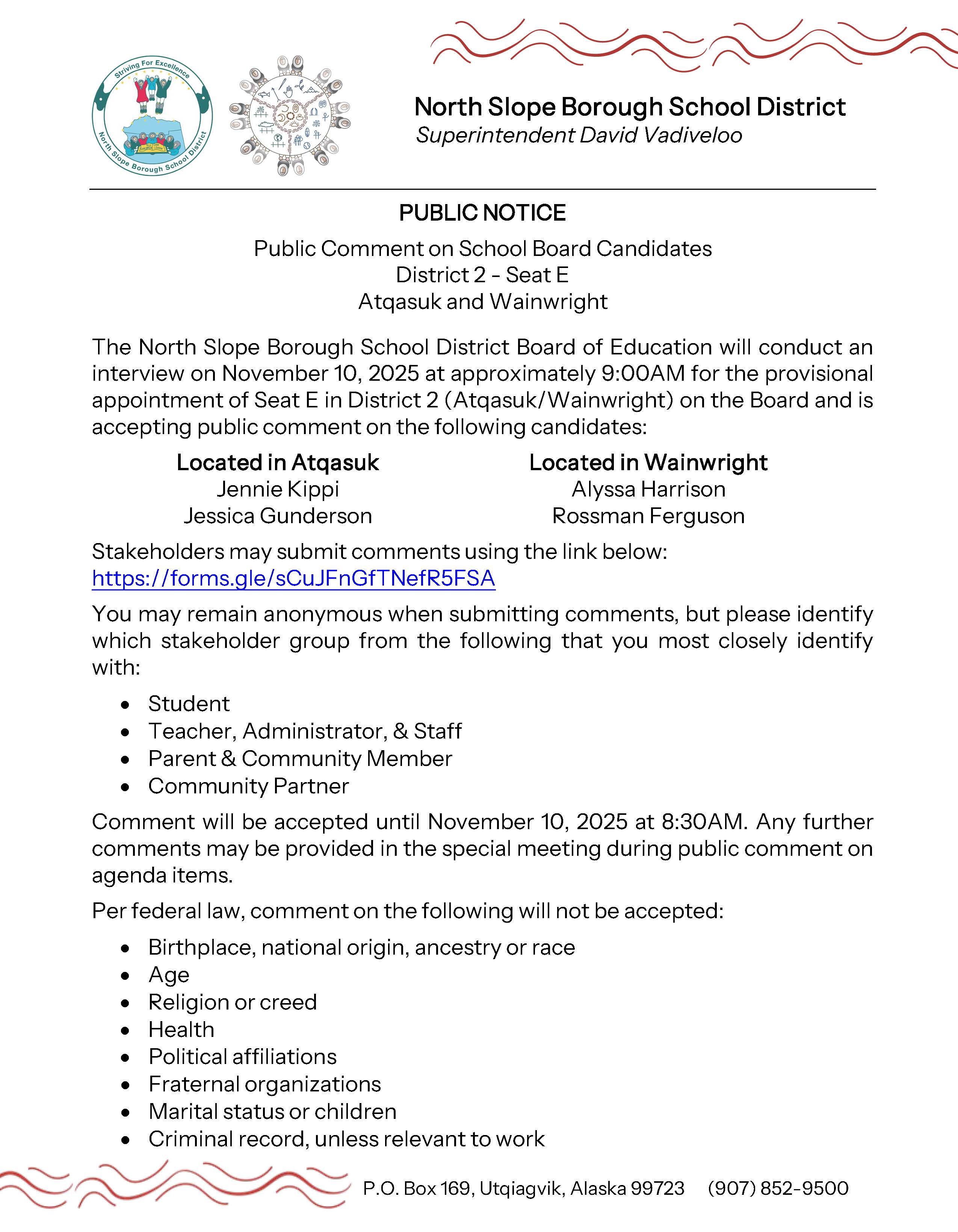 Public Comment for School Board Seat E Candidates